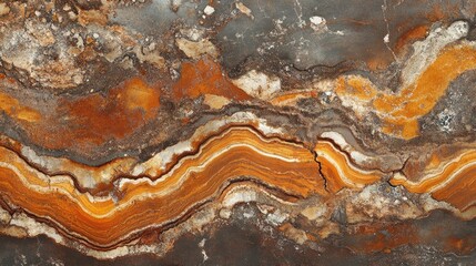 Obraz premium Rustic dark orange and brown grunge metal texture with intricate stone patterns in a sweeping panoramic design, showcasing natural geological layers.