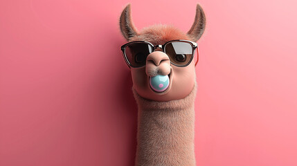 Obraz premium Cute llama wearing sunglasses and chewing bubble gum on a pink background, showcasing a humorous and whimsical appearance