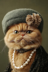 A Persian cat wearing a green beret with a flower decoration, a pearl necklace, and a dark scarf.