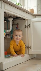 Playful Baby Crawling Under Kitchen Sink in Bright Yellow Onesie.