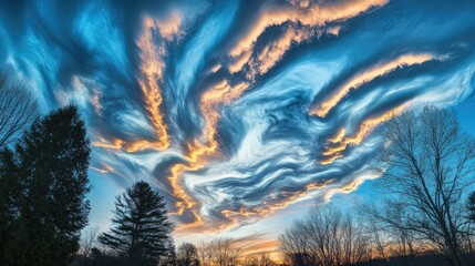 Breathtaking sunset sky featuring swirling clouds in vibrant hues of blue and orange with silhouetted trees against a dramatic natural backdrop.