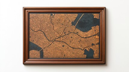 Fototapeta premium Vintage framed map of historic city home decor art display stylish living room aesthetic design concept