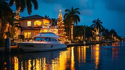 A serene waterfront scene at dusk with a decorated yacht and festive lights reflecting on the water.