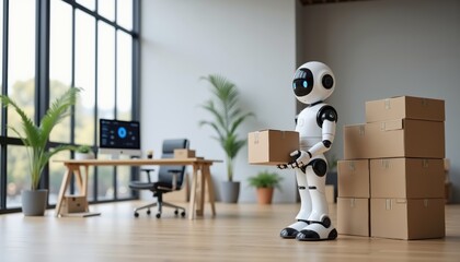 Humanoid Robot Holding Box in Modern Minimalistic Office Setting