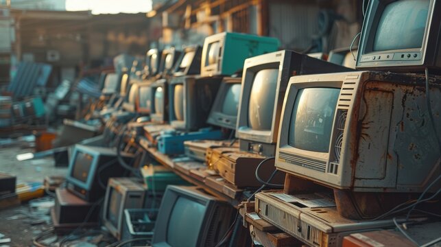 A cluttered scene of outdated computer monitors in an urban environment, showcasing remnants of technology and decay.