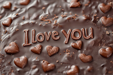 A close-up of chocolate with the words "I love you" surrounded by heart-shaped chocolates and chocolate shavings.