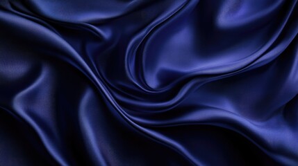 Obraz premium Elegant dark blue silk satin fabric texture with soft, flowing waves, creating a luxurious backdrop for design elements and visuals.