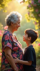 Elderly Woman in Floral Blouse with Young Boy in Casual T-Shirt.