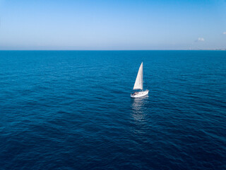 Sailing sailboat in Mediterranean sea near Ashkelon, Israel.