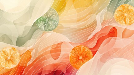 Abstract citrus fruit design with flowing waves and vibrant colors.