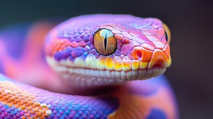 Fototapeta premium Close-up of a vividly multicolored snake displaying striking shades of purple, blue, and orange with captivating golden eyes.