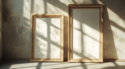 Fototapeta premium Minimalist interior with two empty wooden frames casting gentle shadows on a sunlit wall, creating a serene atmosphere in the setting.