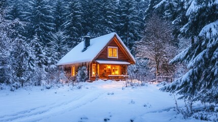 Fototapeta premium Cozy wooden cabin aglow in a snowy forest, surrounded by tall trees, evoking a warm holiday ambiance in a stunning winter landscape.