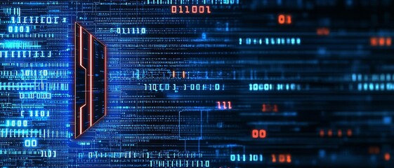 Abstract glowing digital profile on blue background with binary code and mockup space