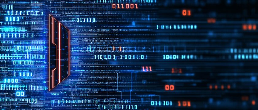 Abstract glowing digital profile on blue background with binary code and mockup space