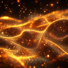 Digital gold particles wave and light abstract background with shining dots stars.