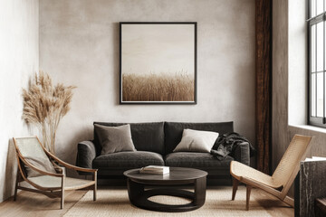 A minimalist living room with a dark velvet sofa, two woven chairs, and a round coffee table, complemented by a natural light-filled atmosphere and neutral tones.