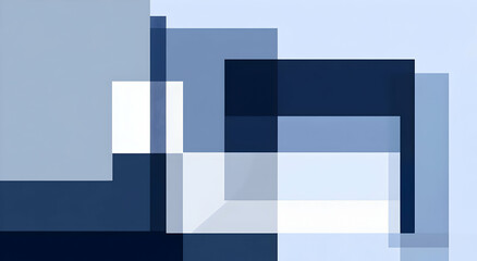 Abstract geometric design with overlapping translucent squares in shades of blue and white.