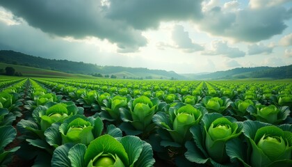 Fototapeta premium Lush Green Cabbage Field Under Dramatic Cloudy Sky with Dew Drops