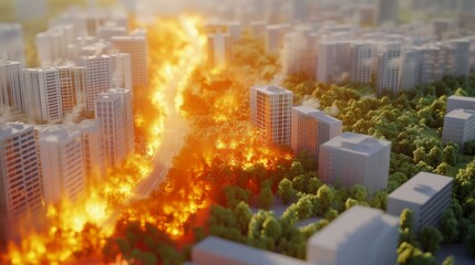 A wide shot of a city consumed by fire. The blaze is intense and raging, engulfing buildings and surrounding trees. Smoke and ash billow into the air, creating a dark and ominous scene.