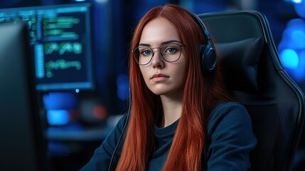 Young Woman in Headset Concentrating on Computer Screen in Dark Room Surrounded by Technology and Coding Data