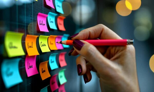 A hand organizing colorful sticky notes on a board.