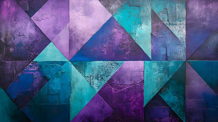 Abstract geometric painting with teal and purple triangular shapes.  The textured surface adds depth.