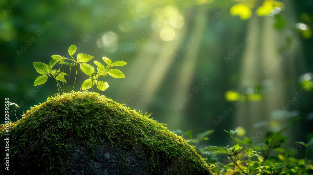 Poster a tight shot of a moss-covered rock, positioned before a forest sunlight filters through the leaves,