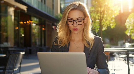 Businesswoman Working on Laptop at Sunlit Cafe