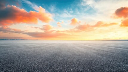 Vibrant orange and pink clouds beautifully contrast against a serene blue sunset sky over a tranquil, empty asphalt landscape.