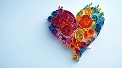 A heart made entirely of quilled paper, with a modern twist in colors, positioned centrally with empty space around it for a love note or greeting. 