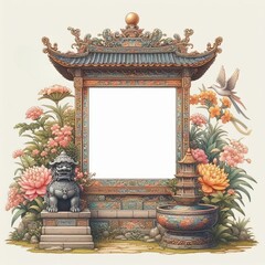 Obraz premium Asian Ancient statue with ornate frame, isolated on white background