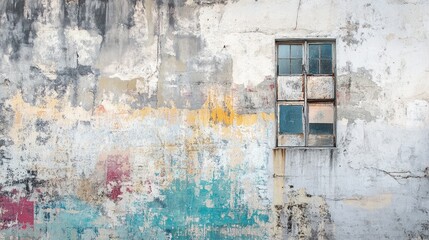 Vibrant urban wall showcasing layered graffiti tags and peeling paint, with an old window enhancing the texture and character of the scene.
