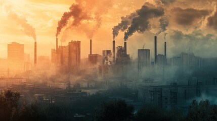 Obraz premium A cityscape at sunrise or sunset with numerous industrial smokestacks emitting thick smoke, contributing to air pollution and environmental concerns.