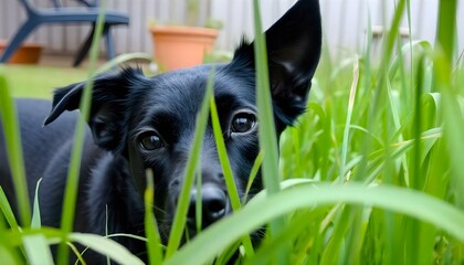 A black dog peeking through tall grass in a backyard