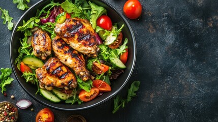 Grilled chicken wings served on a bed of fresh greens with cherry tomatoes, cucumbers, and a variety of colorful vegetables in a bowl.