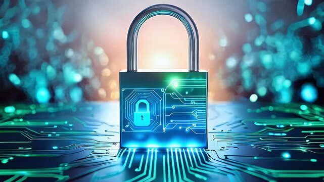 Padlock on a glowing circuit board, symbolizing digital security and data protection.