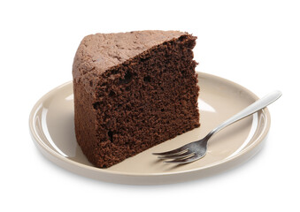 Plate with piece of chocolate sponge cake and fork isolated on white