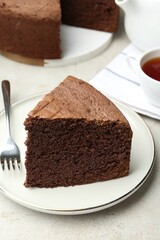 Piece of tasty chocolate sponge cake served on light table