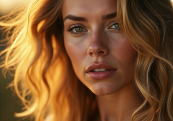 Fototapeta premium golden woman model showcases flawless beauty glowing skin flowing golden locks striking fashion art portrait