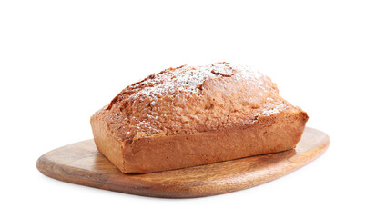 One tasty sponge cake with powdered sugar isolated on white