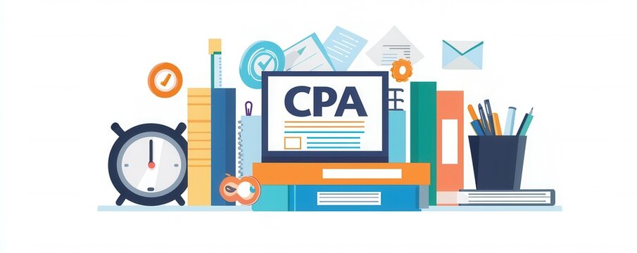 Certified Public Accountant Accountants. A digital illustration featuring educational materials, a clock, and stationery, centered around CPA (Certified Public Accountant) studies.