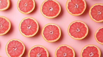 Halves of vibrant pink grapefruit arranged neatly on a soft pink background, showcasing their juicy segments and fresh appeal.