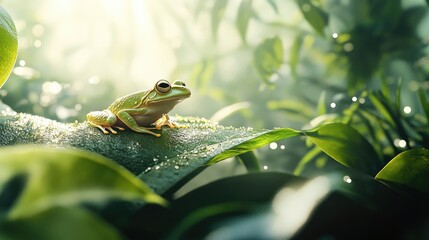 Realistic frog perched on a green leaf in a rainforest, surrounded by dewdrops and lush greenery in soft sunlight.