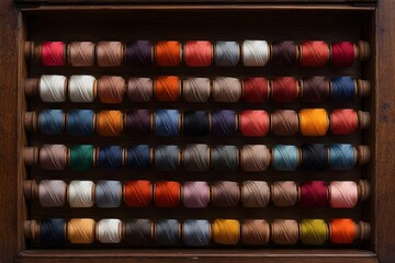 Mixed-Color Spools of Thread in a Wooden Drawer – Sewing Supplies, Crafting Essentials, and Organised Storage