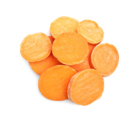 Pieces of raw sweet potato isolated on white, top view