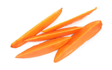 Pieces of raw sweet potato isolated on white, top view