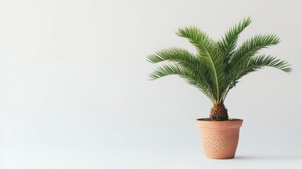 Fototapeta premium Sago palm in a textured terracotta pot, showcasing its lush green fronds against a minimalist white background.