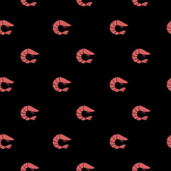 Shrimp silhouette isolated on black. Seamless pattern