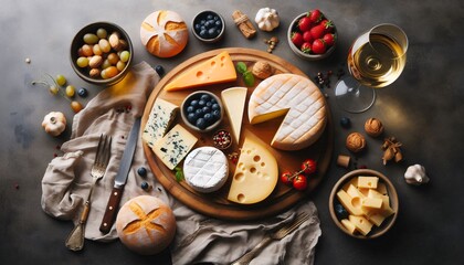 Obraz premium Various cheeses, grapes, nuts and wine on a wooden background